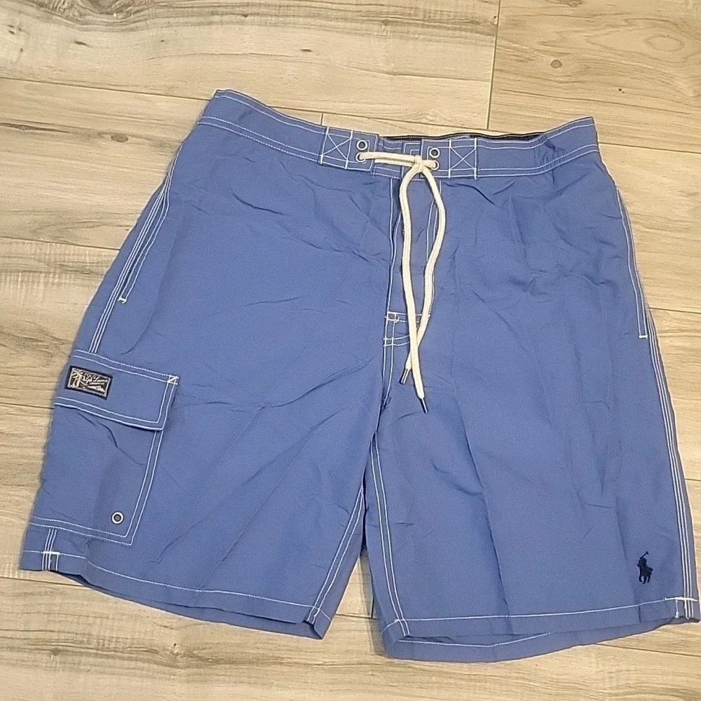 Polo Ralph Lauren‎ Board Swim Shorts Mens Med Blue Lined Blue Pony Elastic Waist